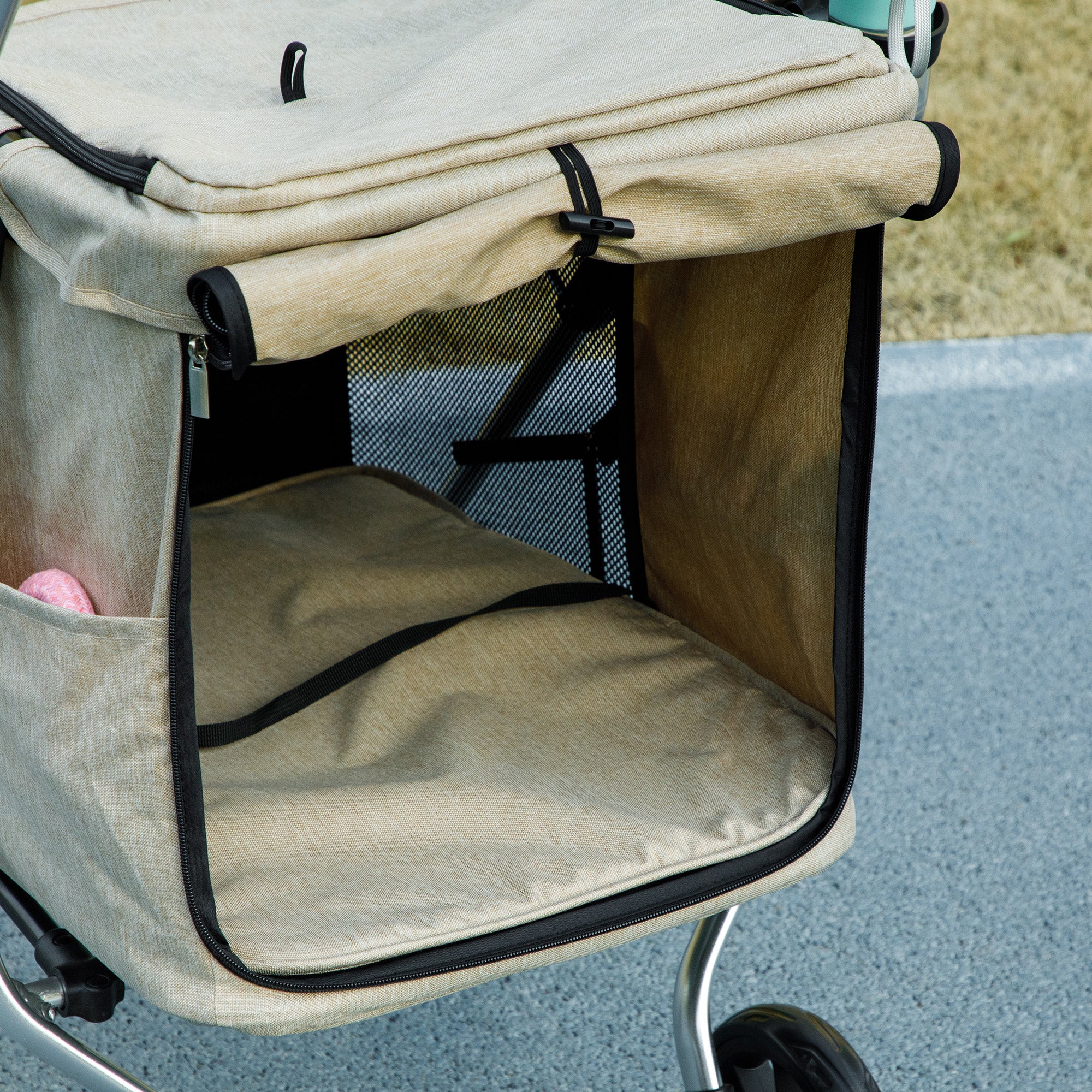Dog Carriage Lightweight Dog Buggy Made of Aluminum Foldable for Dogs & Cats Cat Buggy with Cushion Mesh Windows Doors Storage Basket Cat Carriage Buggy Khaki