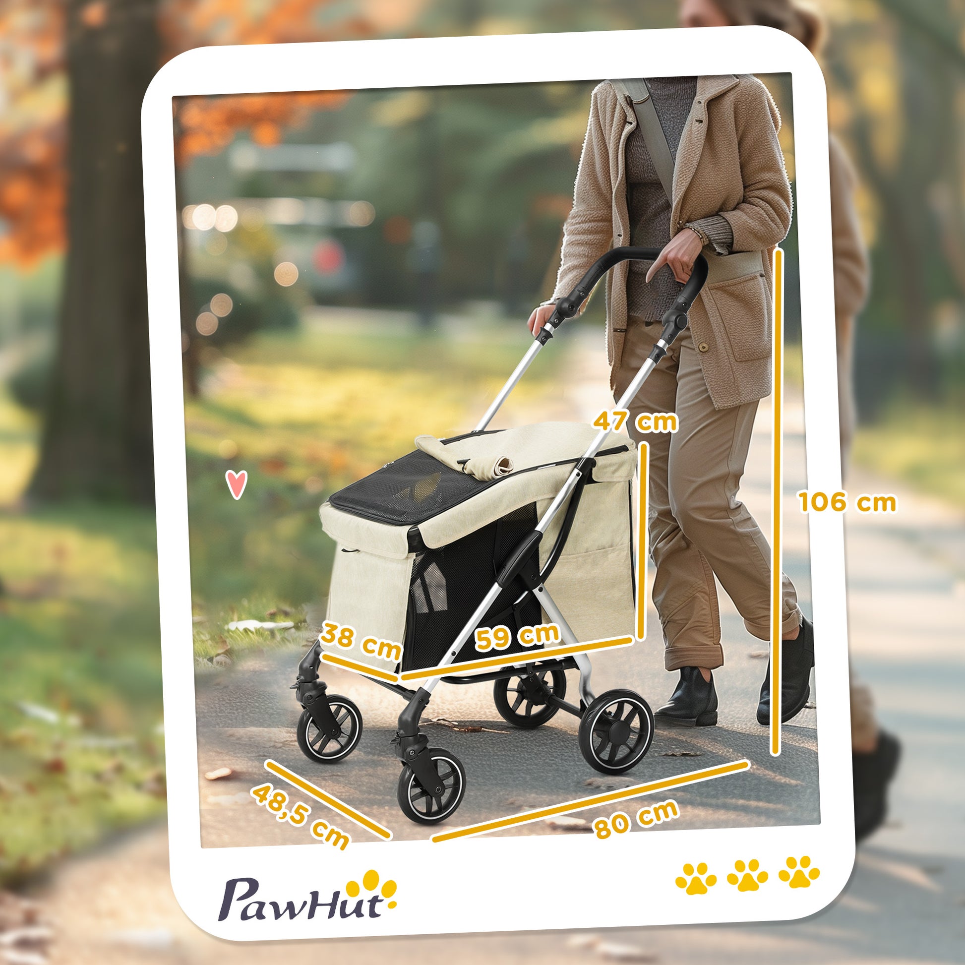 Dog Carriage Lightweight Dog Buggy Made of Aluminum Foldable for Dogs & Cats Cat Buggy with Cushion Mesh Windows Doors Storage Basket Cat Carriage Buggy Khaki