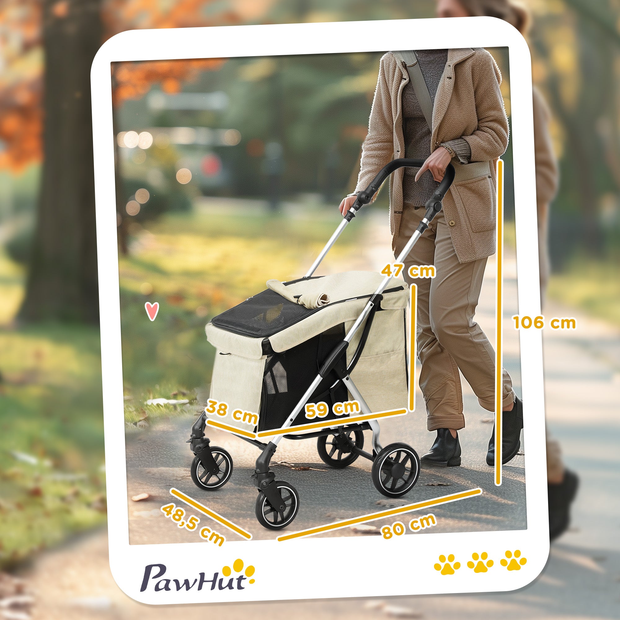Dog Carriage Lightweight Dog Buggy Made of Aluminum Foldable for Dogs & Cats Cat Buggy with Cushion Mesh Windows Doors Storage Basket Cat Carriage Buggy Khaki