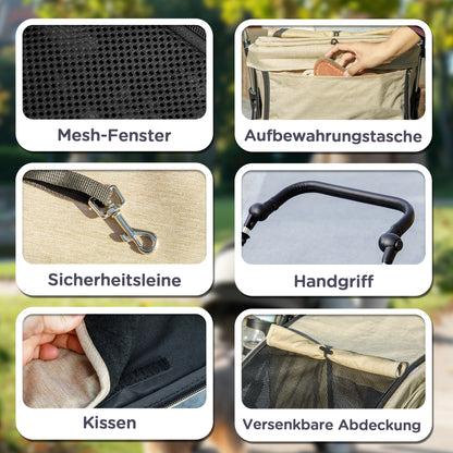 Dog Carriage Lightweight Dog Buggy Made of Aluminum Foldable for Dogs & Cats Cat Buggy with Cushion Mesh Windows Doors Storage Basket Cat Carriage Buggy Khaki