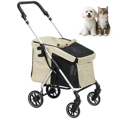 Dog Carriage Lightweight Dog Buggy Made of Aluminum Foldable for Dogs & Cats Cat Buggy with Cushion Mesh Windows Doors Storage Basket Cat Carriage Buggy Khaki