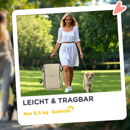 Dog Carriage Lightweight Dog Buggy Made of Aluminum Foldable for Dogs & Cats Cat Buggy with Cushion Mesh Windows Doors Storage Basket Cat Carriage Buggy Khaki