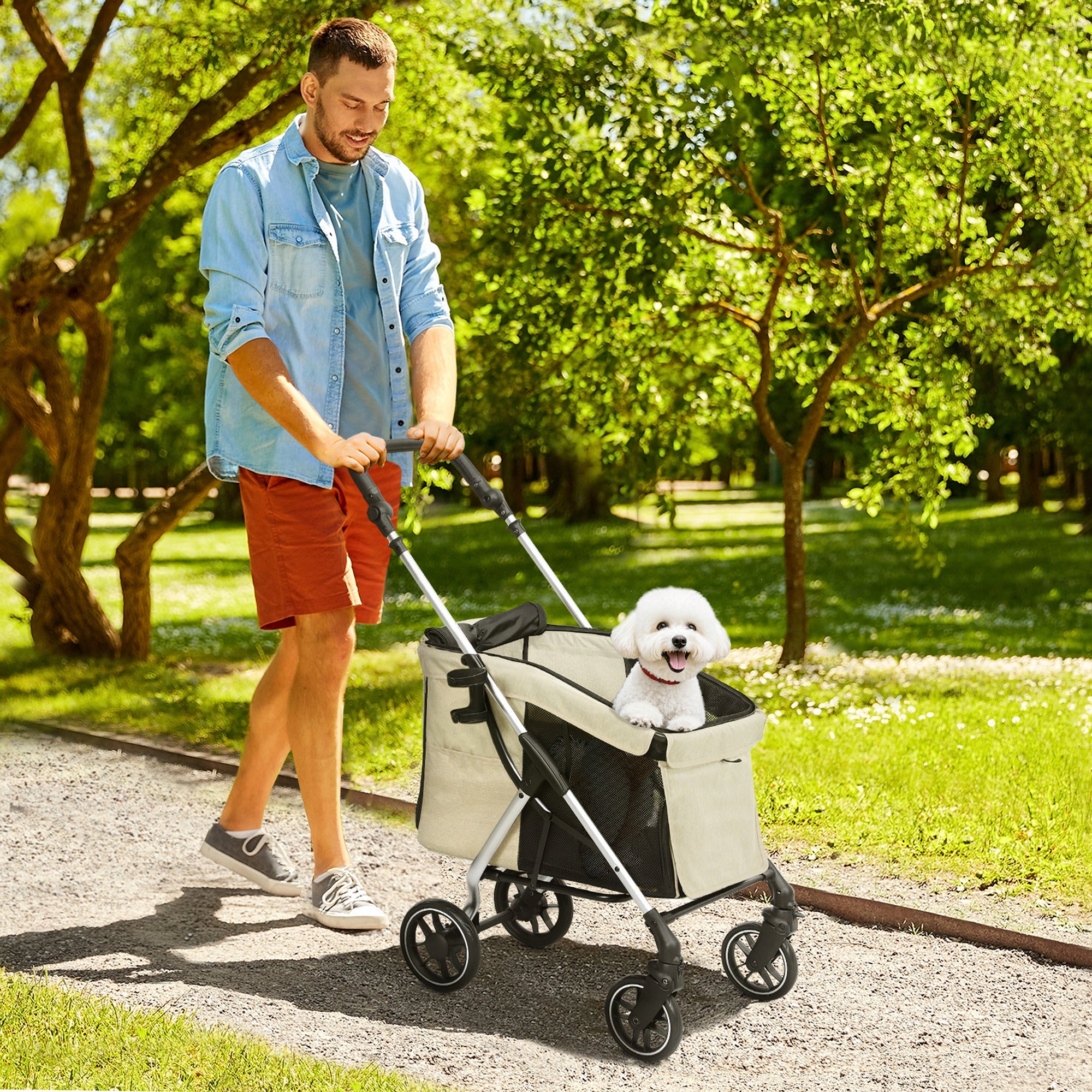 Dog Carriage Lightweight Dog Buggy Made of Aluminum Foldable for Dogs & Cats Cat Buggy with Cushion Mesh Windows Doors Storage Basket Cat Carriage Buggy Khaki