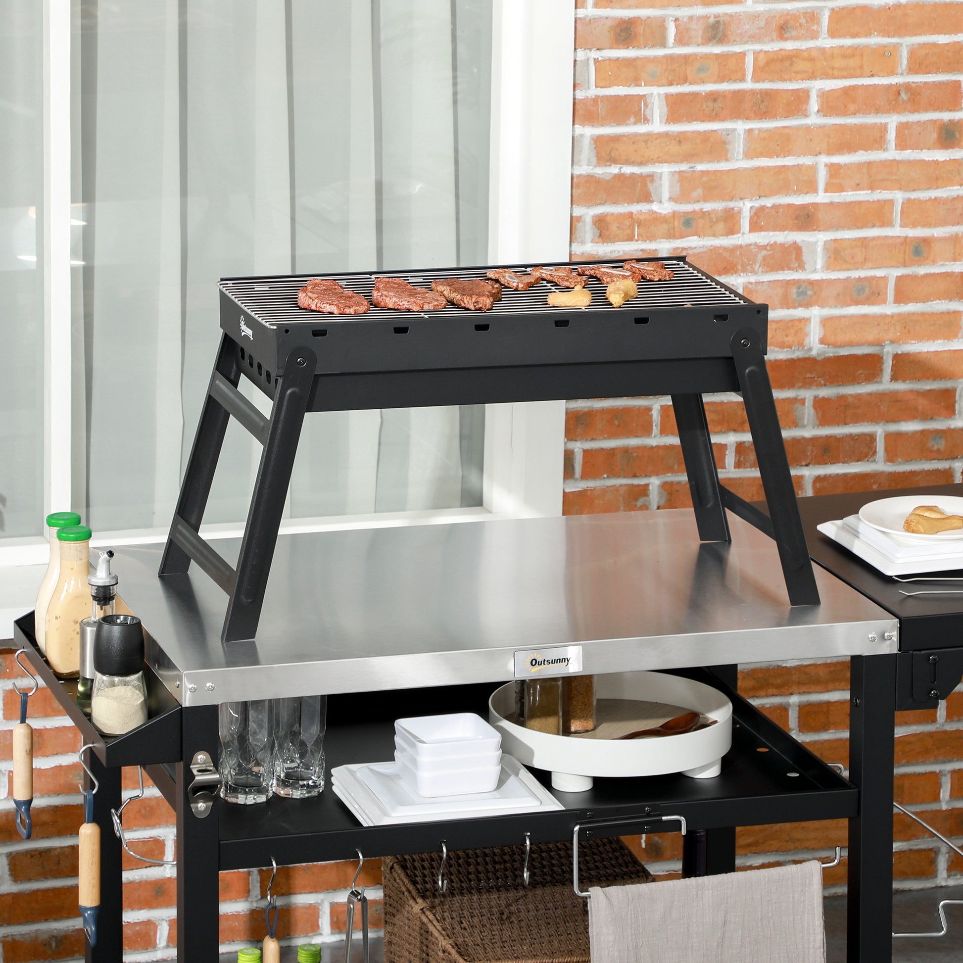 Portable Folding Charcoal BBQ Grill with Charcoal Basin 74L x 30W x 37H cm, Black