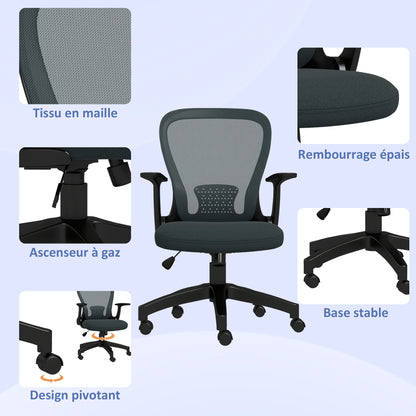Ergonomic Office Chair, Desk Chair, Flip-up Armrests, Mesh Back, Tilt Function, 120 kg Capacity, Adjustable Height, Computer Chair, 360° Swivel, Gray