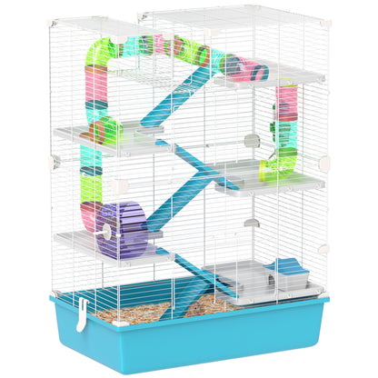 Hamster Cage, 6-Story Small Animal Cage with Tubes, Tunnels, Hut, Wheel, Feeding Bowl, Water Bottle, Ramps, for Dwarf Hamsters and Gerbils, 58 x 36 x 81 cm Light Blue