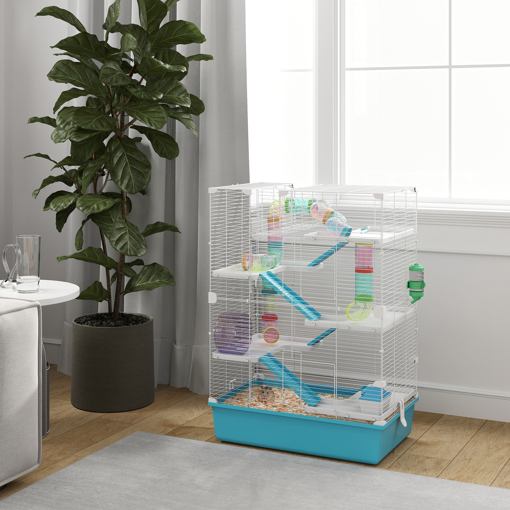 Hamster Cage, 6-Story Small Animal Cage with Tubes, Tunnels, Hut, Wheel, Feeding Bowl, Water Bottle, Ramps, for Dwarf Hamsters and Gerbils, 58 x 36 x 81 cm Light Blue