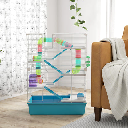 Hamster Cage, 6-Story Small Animal Cage with Tubes, Tunnels, Hut, Wheel, Feeding Bowl, Water Bottle, Ramps, for Dwarf Hamsters and Gerbils, 58 x 36 x 81 cm Light Blue