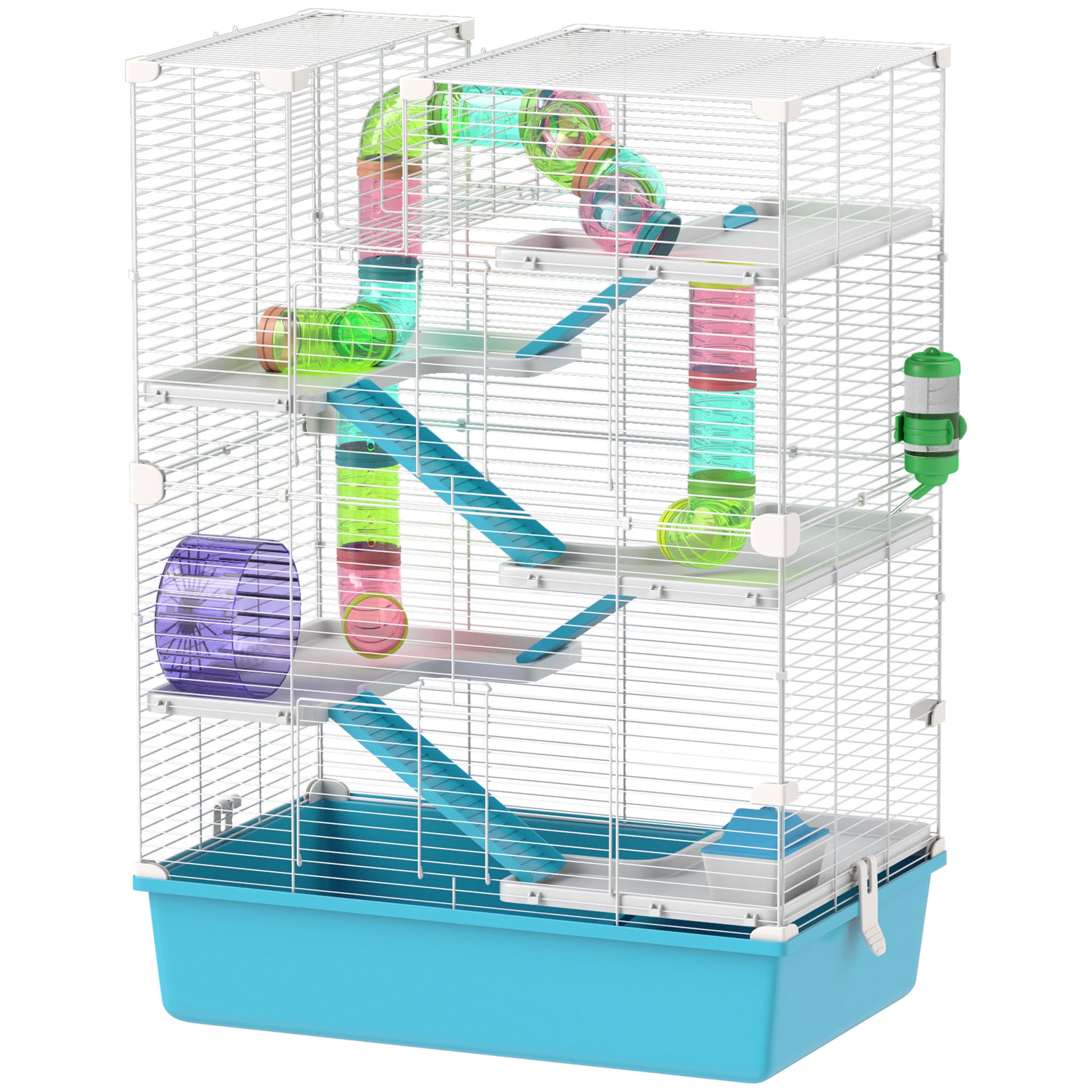 Hamster Cage, 6-Story Small Animal Cage with Tubes, Tunnels, Hut, Wheel, Feeding Bowl, Water Bottle, Ramps, for Dwarf Hamsters and Gerbils, 58 x 36 x 81 cm Light Blue