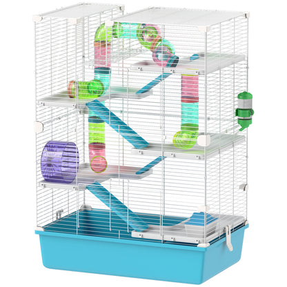 Hamster Cage, 6-Story Small Animal Cage with Tubes, Tunnels, Hut, Wheel, Feeding Bowl, Water Bottle, Ramps, for Dwarf Hamsters and Gerbils, 58 x 36 x 81 cm Light Blue