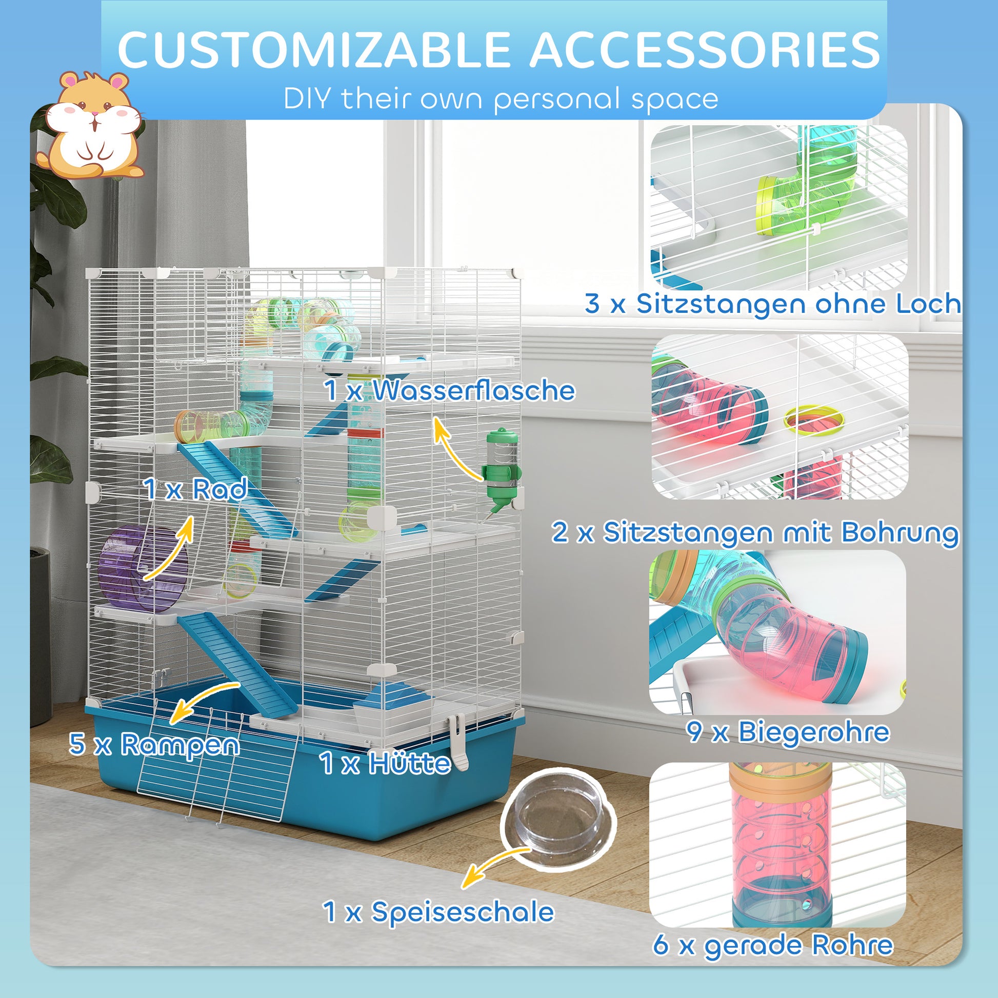 Hamster Cage, 6-Story Small Animal Cage with Tubes, Tunnels, Hut, Wheel, Feeding Bowl, Water Bottle, Ramps, for Dwarf Hamsters and Gerbils, 58 x 36 x 81 cm Light Blue