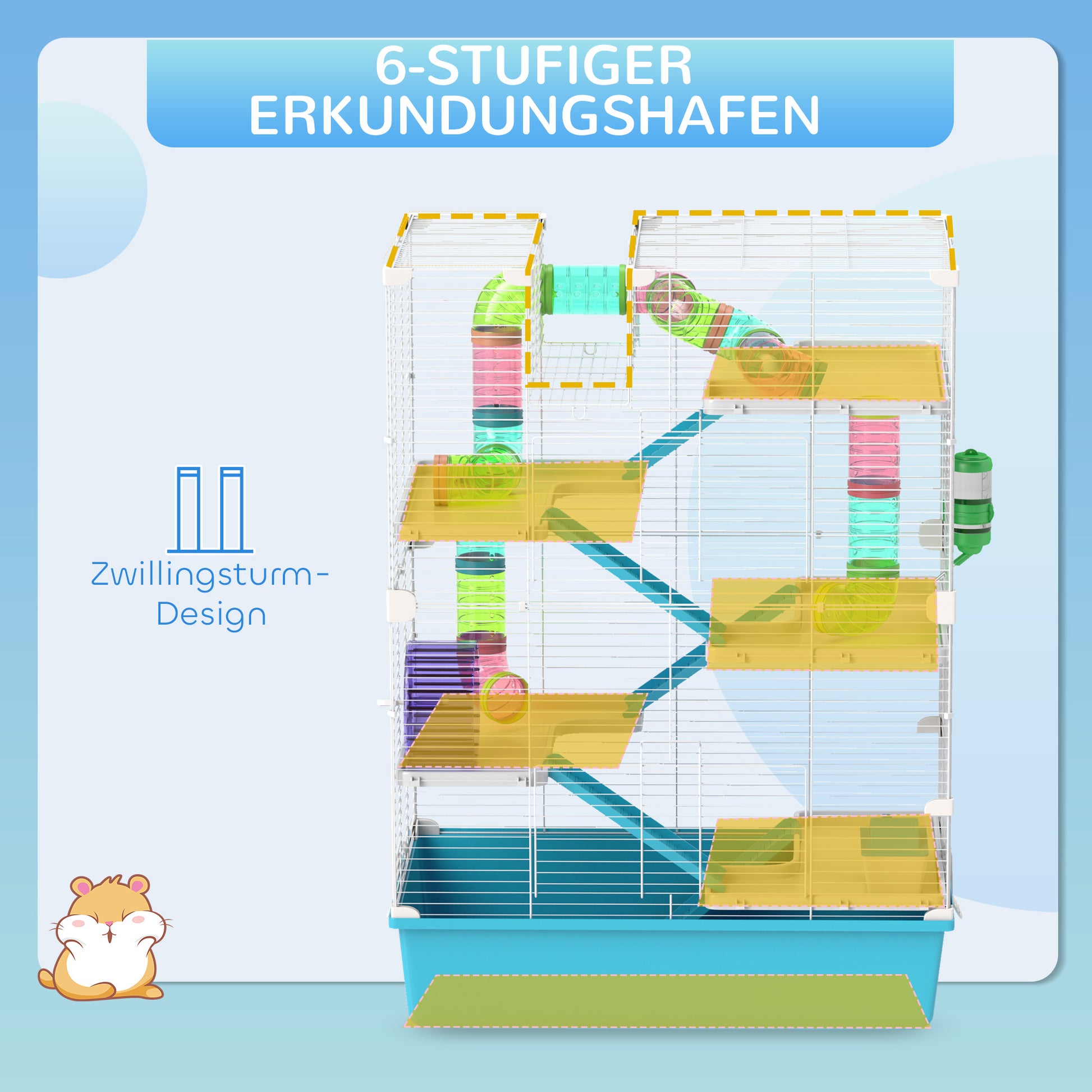 Hamster Cage, 6-Story Small Animal Cage with Tubes, Tunnels, Hut, Wheel, Feeding Bowl, Water Bottle, Ramps, for Dwarf Hamsters and Gerbils, 58 x 36 x 81 cm Light Blue