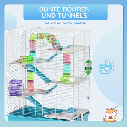Hamster Cage, 6-Story Small Animal Cage with Tubes, Tunnels, Hut, Wheel, Feeding Bowl, Water Bottle, Ramps, for Dwarf Hamsters and Gerbils, 58 x 36 x 81 cm Light Blue