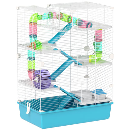 Hamster Cage, 6-Story Small Animal Cage with Tubes, Tunnels, Hut, Wheel, Feeding Bowl, Water Bottle, Ramps, for Dwarf Hamsters and Gerbils, 58 x 36 x 81 cm Light Blue