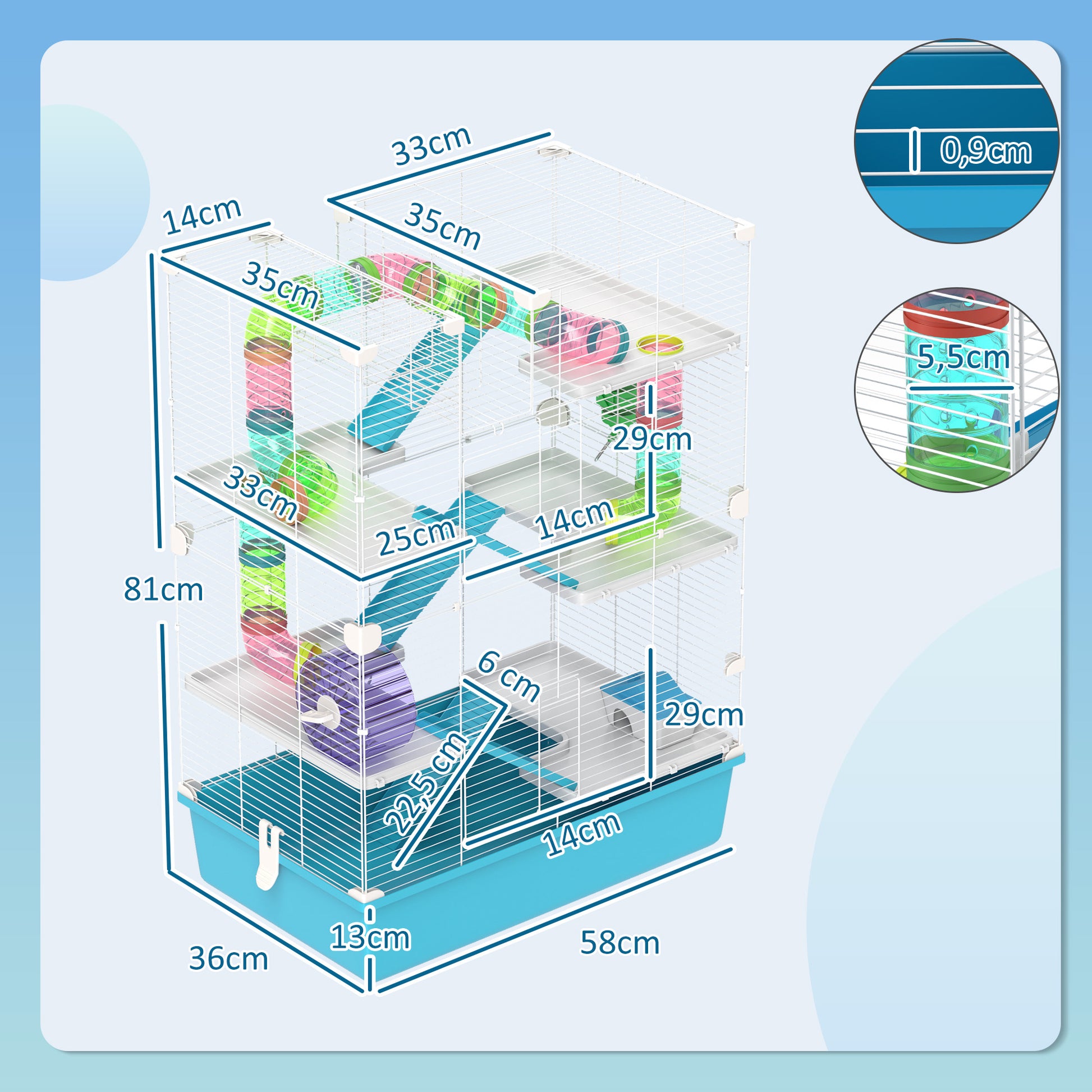 Hamster Cage, 6-Story Small Animal Cage with Tubes, Tunnels, Hut, Wheel, Feeding Bowl, Water Bottle, Ramps, for Dwarf Hamsters and Gerbils, 58 x 36 x 81 cm Light Blue