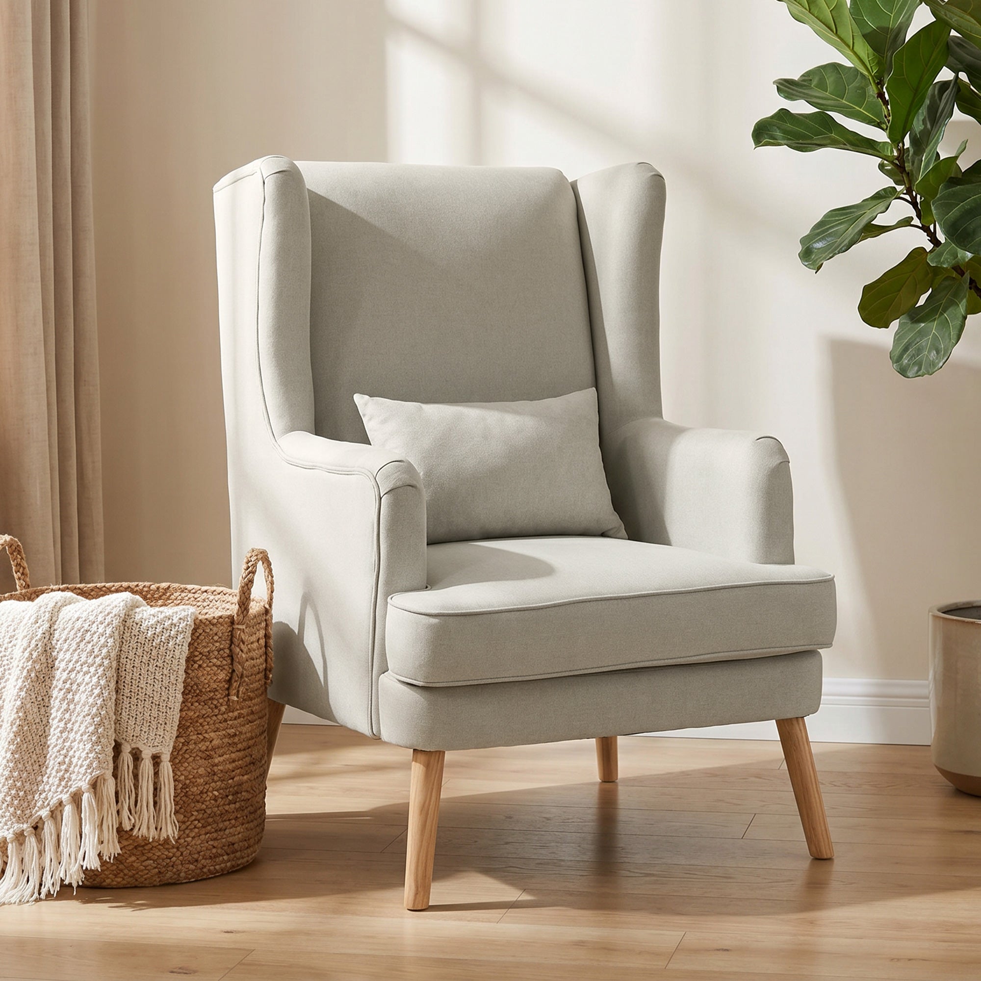 Wing Armchair with Lumbar Pillow — High-Back, Wide Seat, Linen-Look Scandinavian Lounge Chair for Living Room & Bedroom, Beige