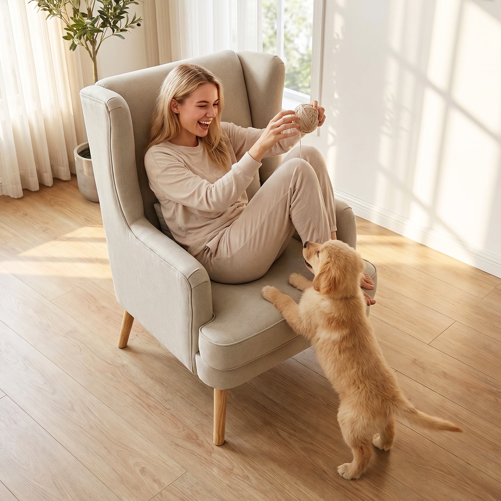 Wing Armchair with Lumbar Pillow — High-Back, Wide Seat, Linen-Look Scandinavian Lounge Chair for Living Room & Bedroom, Beige