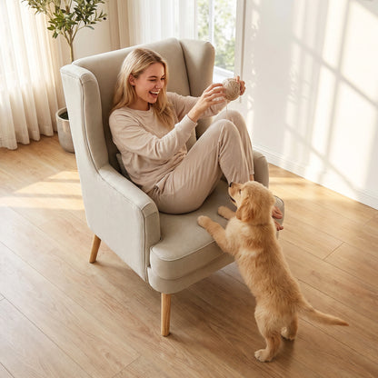 Wing Armchair with Lumbar Pillow — High-Back, Wide Seat, Linen-Look Scandinavian Lounge Chair for Living Room & Bedroom, Beige