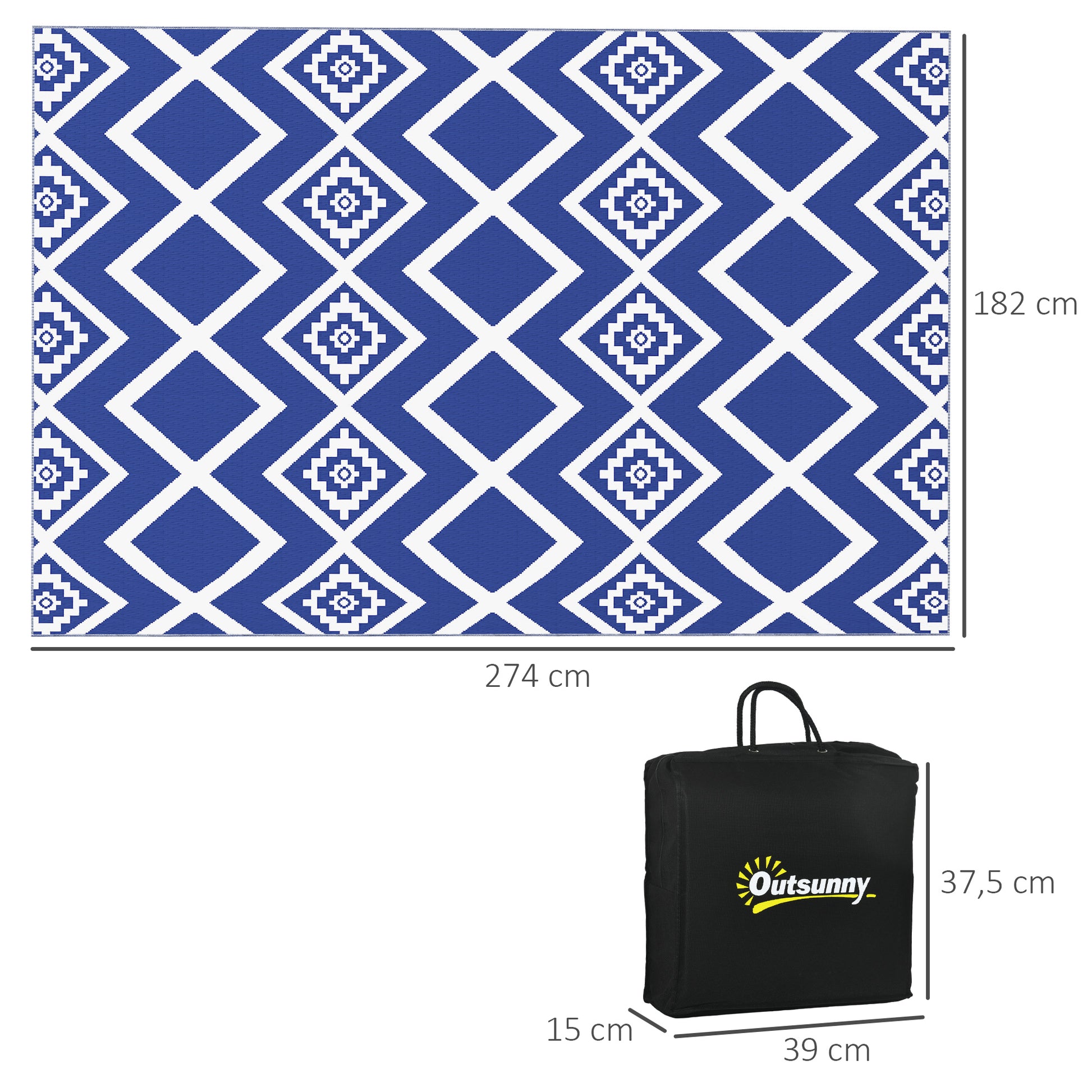 Outdoor Rug, Plastic Carpet with Carry Bag, Water-Resistant Balcony Rug, for Camping, Patio, Blue+White, 182 x 274 cm