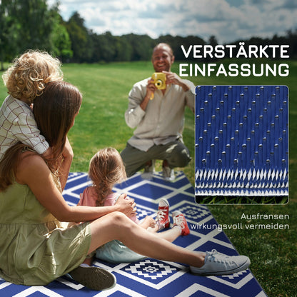 Outdoor Rug, Plastic Carpet with Carry Bag, Water-Resistant Balcony Rug, for Camping, Patio, Blue+White, 182 x 274 cm