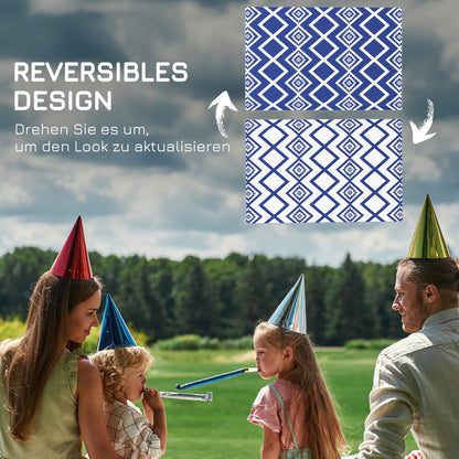 Outdoor Rug, Plastic Carpet with Carry Bag, Water-Resistant Balcony Rug, for Camping, Patio, Blue+White, 182 x 274 cm