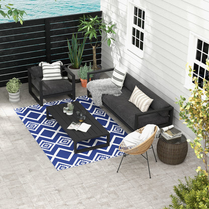 Outdoor Rug, Plastic Carpet with Carry Bag, Water-Resistant Balcony Rug, for Camping, Patio, Blue+White, 182 x 274 cm