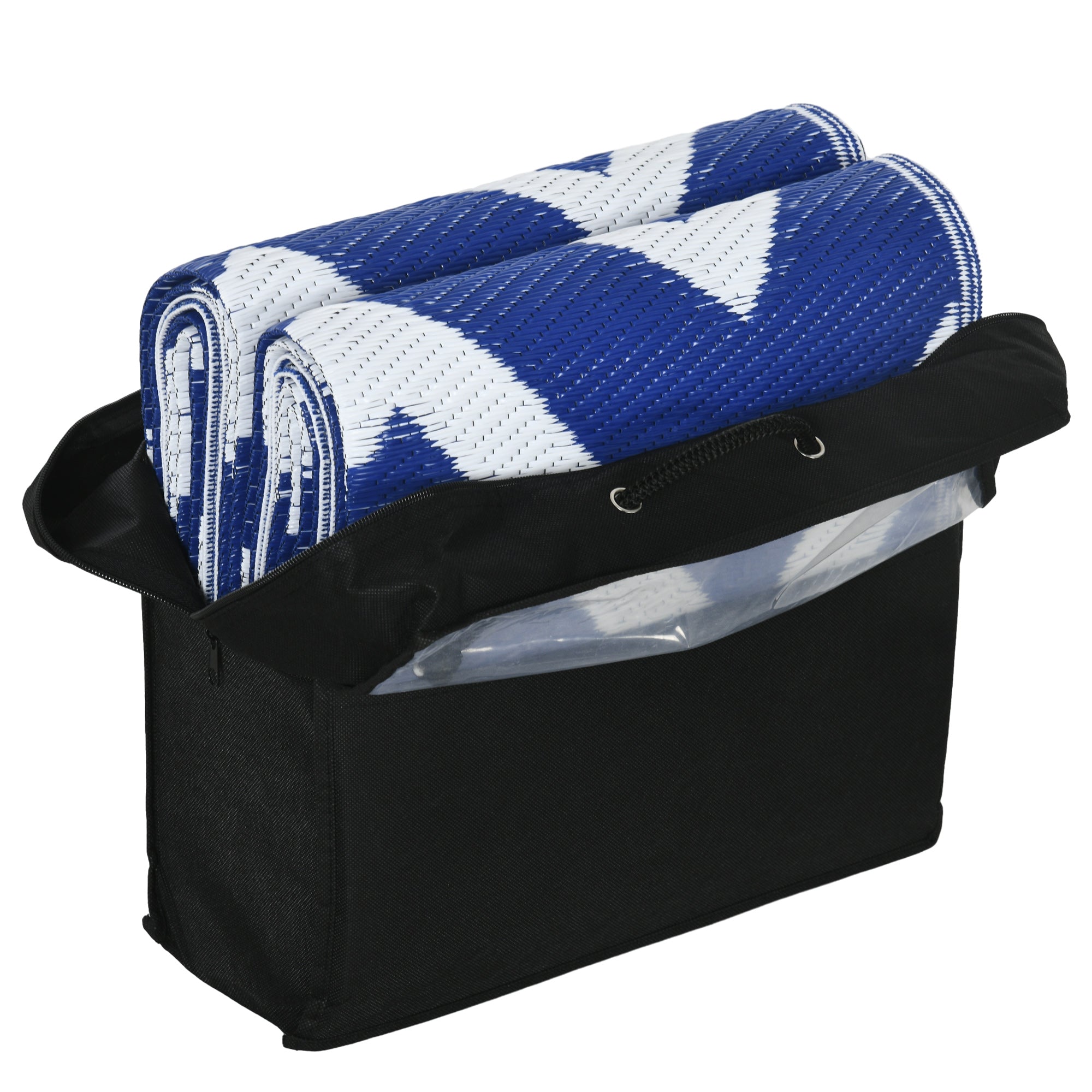 Outdoor Rug, Plastic Carpet with Carry Bag, Water-Resistant Balcony Rug, for Camping, Patio, Blue+White, 182 x 274 cm