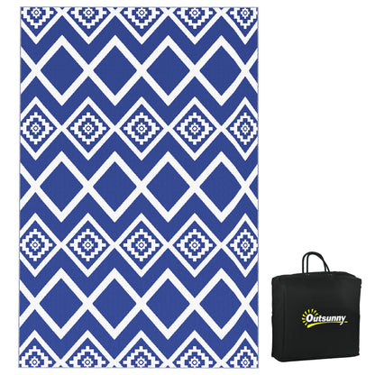 Outdoor Rug, Plastic Carpet with Carry Bag, Water-Resistant Balcony Rug, for Camping, Patio, Blue+White, 182 x 274 cm