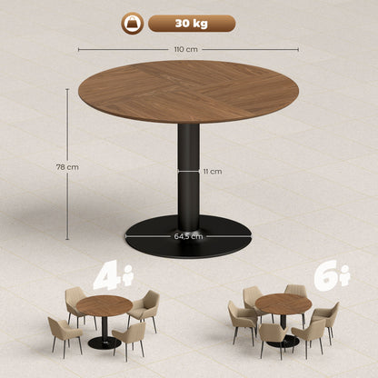Round Dining Table for 6 — Ø 110 x 78 cm (43.3" Ø x 30.7" H), Large Top with Steel Base, Modern, Brown