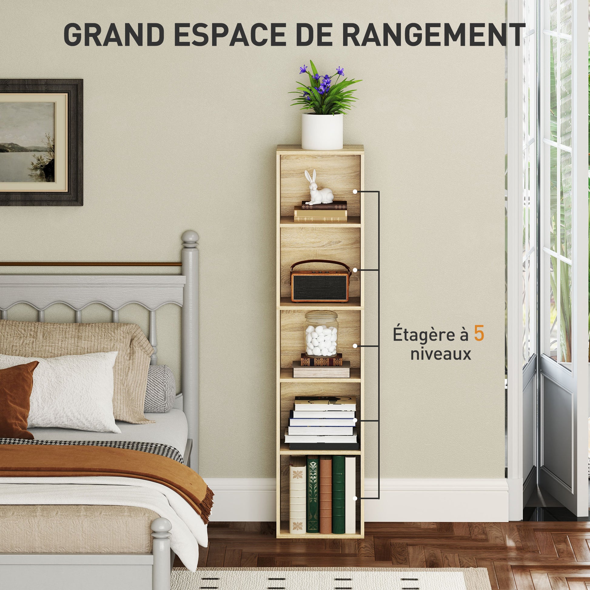 Bookshelf, 5-Tier Storage Shelf, Storage Unit with Adjustable Shelves for Living Room, Bedroom, Office, 30 x 24 x 133.5 cm, Natural Wood