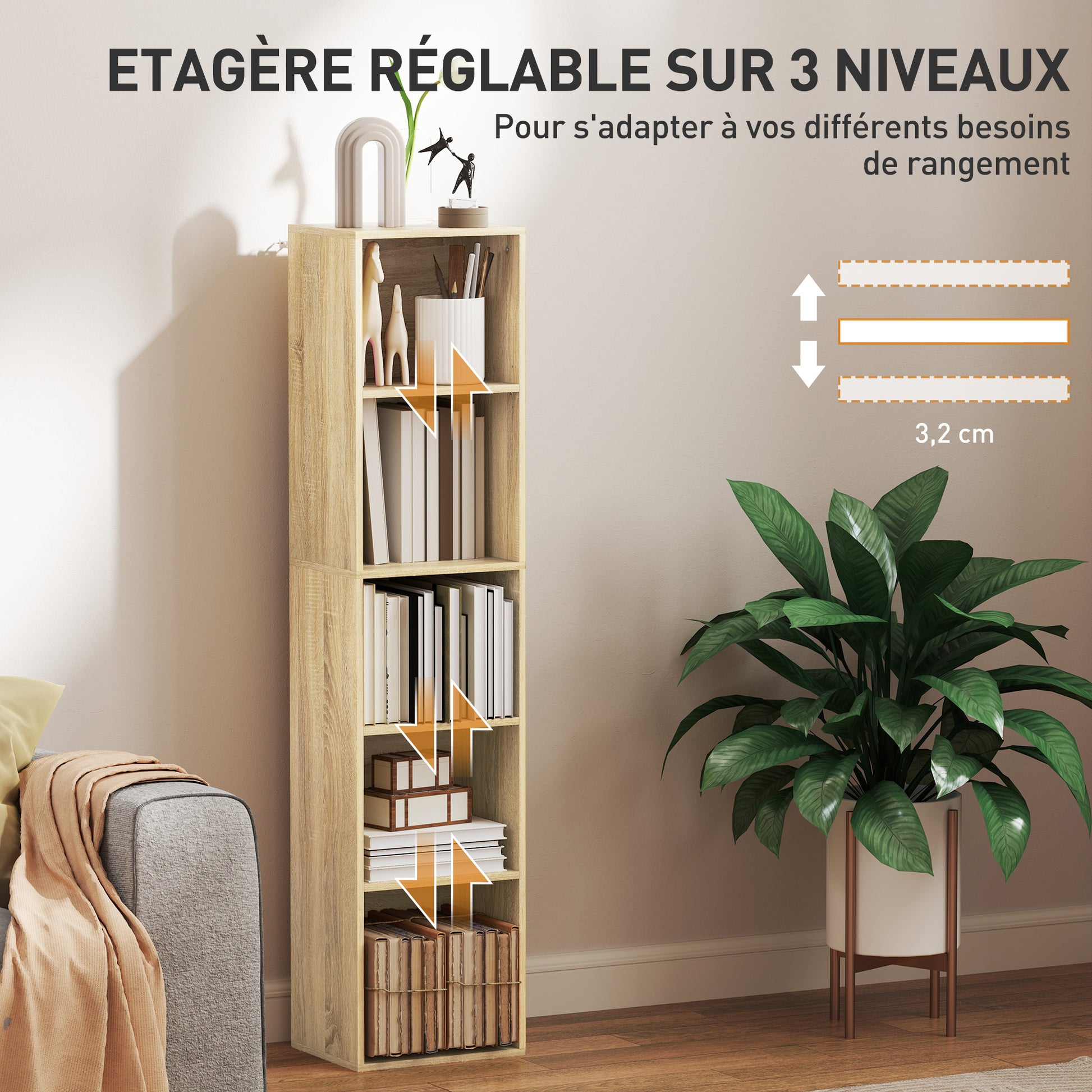 Bookshelf, 5-Tier Storage Shelf, Storage Unit with Adjustable Shelves for Living Room, Bedroom, Office, 30 x 24 x 133.5 cm, Natural Wood