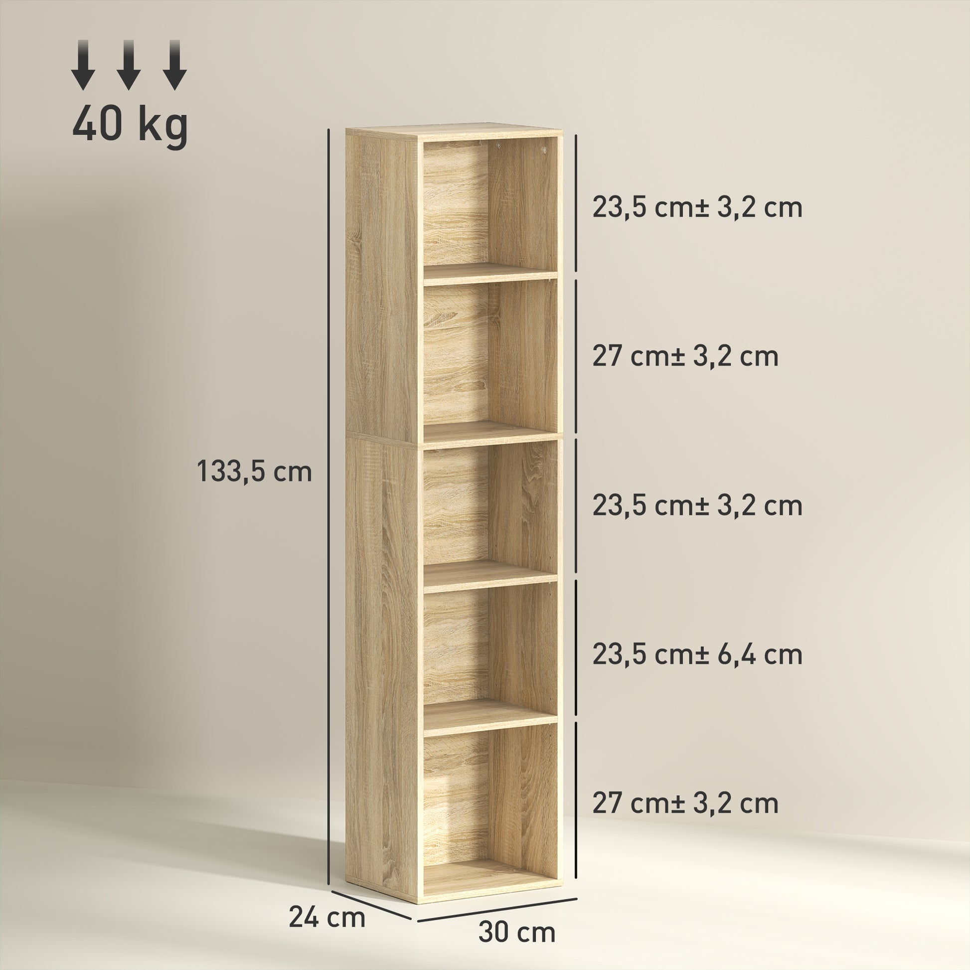 Bookshelf, 5-Tier Storage Shelf, Storage Unit with Adjustable Shelves for Living Room, Bedroom, Office, 30 x 24 x 133.5 cm, Natural Wood