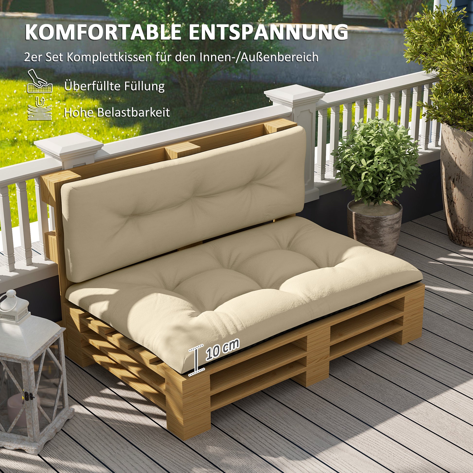 Pallet Cushions 2-Piece Set Water-Resistant Seat Cushion Pallet Pads with Tufted Design Back Support Outdoor Cushions Pallet Pads for Euro Pallets Pallet Sofa 120 x 77 x 10 cm Beige
