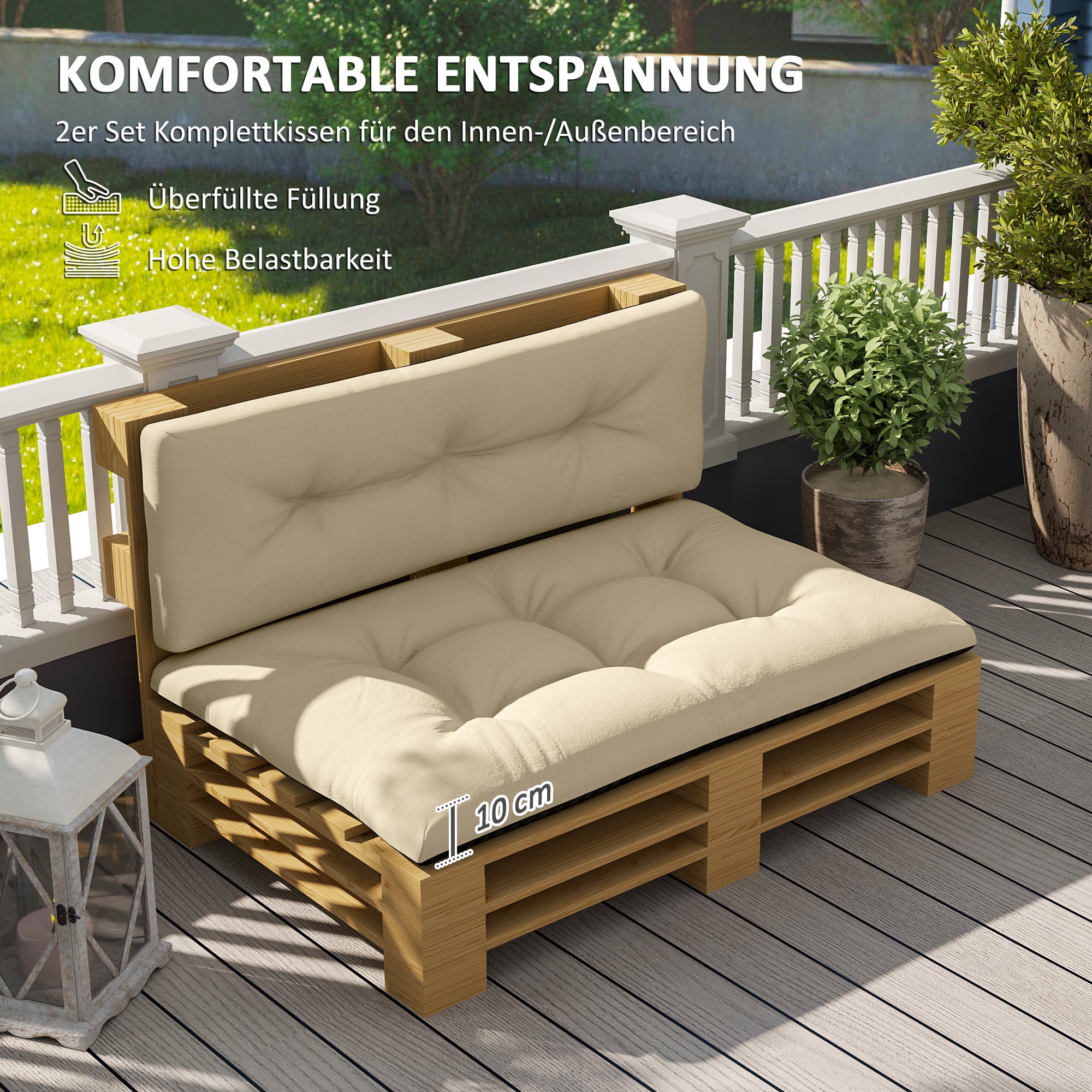 Pallet Cushions 2-Piece Set Water-Resistant Seat Cushion Pallet Pads with Tufted Design Back Support Outdoor Cushions Pallet Pads for Euro Pallets Pallet Sofa 120 x 77 x 10 cm Beige