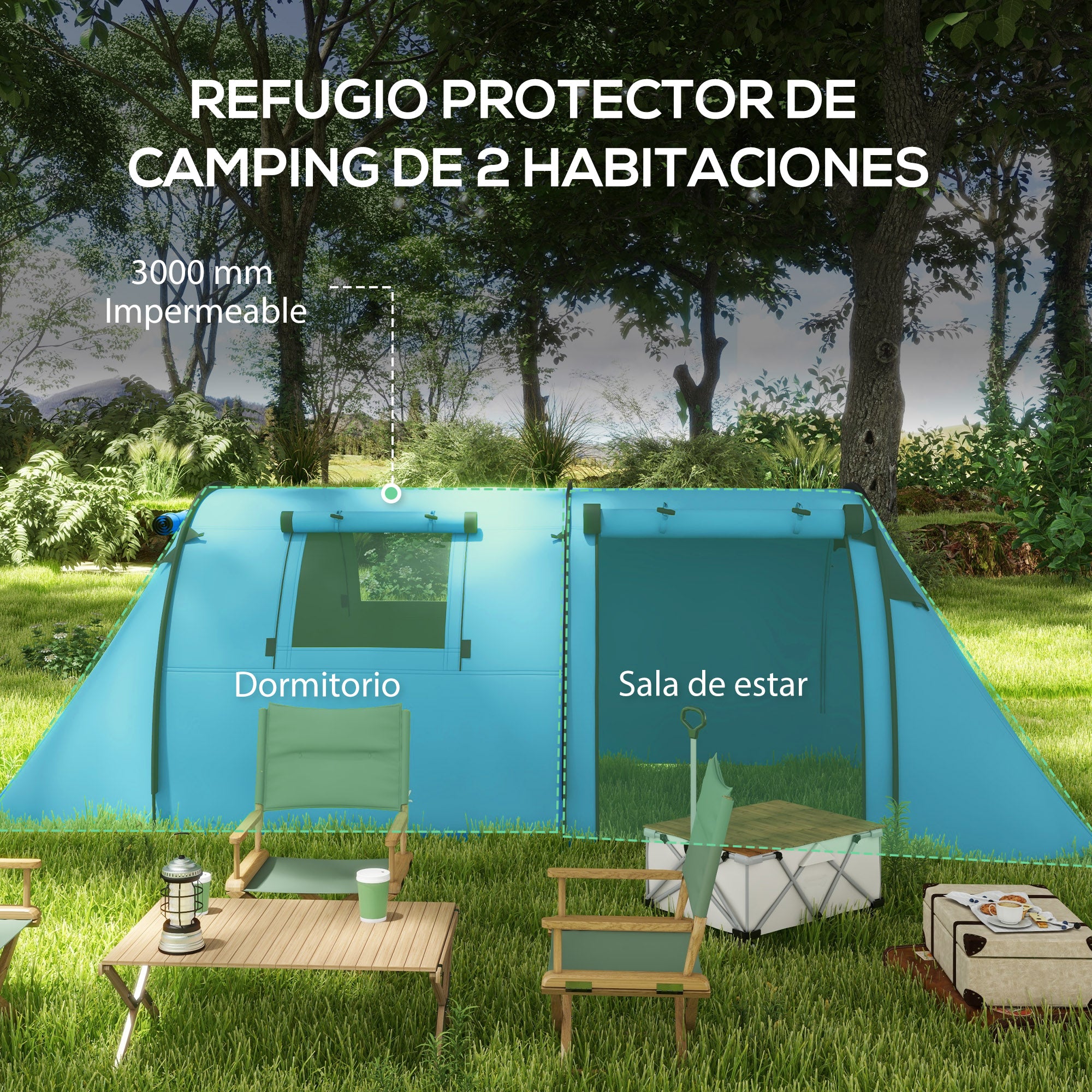 3-Person Family Camping Tent — Foldable Lightweight Tent with Doors, Windows & Hanging Hook, Carry Bag, 3000 mm Waterproof, 470 x 220 x 150 cm (Sky Blue)