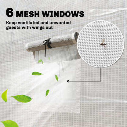 PE Tunnel Greenhouse with Shelves, Roll-Up Zip Door, 6 Mesh Windows, Support Bars, UV-Resistant Cover, Winter-Ready Tomato House, White (198 x 275 x 191 cm)