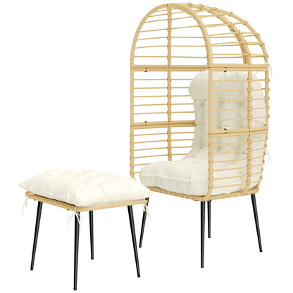 Egg-Shaped PE Rattan Lounge Chair with Ottoman — Boho Patio & Indoor Lounger with Thick Cushions, Powder-Coated Frame, Beige