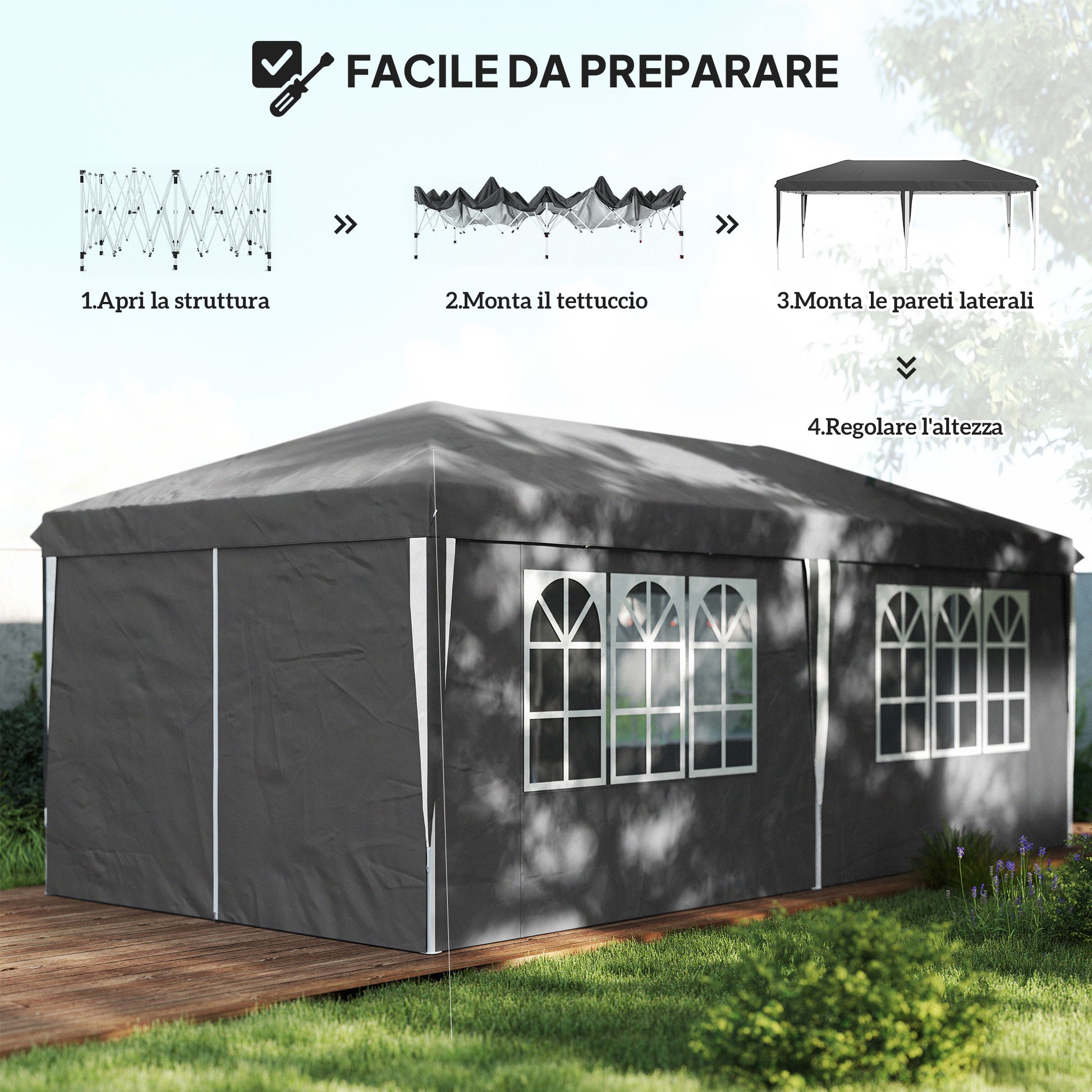 Foldable Gazebo 3x6 m Pop Up with Adjustable Height, 2 Doors, 4 Windows, and Carrying Bag, Outdoor Gazebo in Metal and Oxford Fabric, UV50+, for Garden, Parties, Camping, Gray