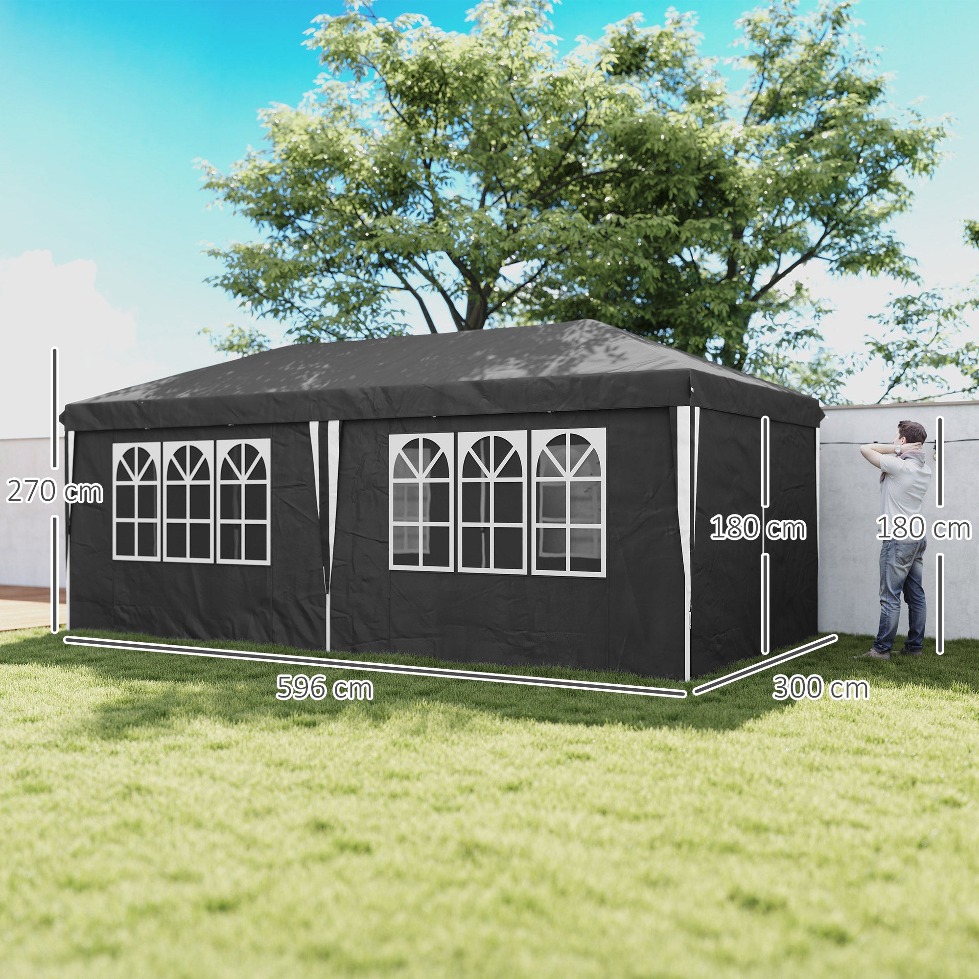 Foldable Gazebo 3x6 m Pop Up with Adjustable Height, 2 Doors, 4 Windows, and Carrying Bag, Outdoor Gazebo in Metal and Oxford Fabric, UV50+, for Garden, Parties, Camping, Gray