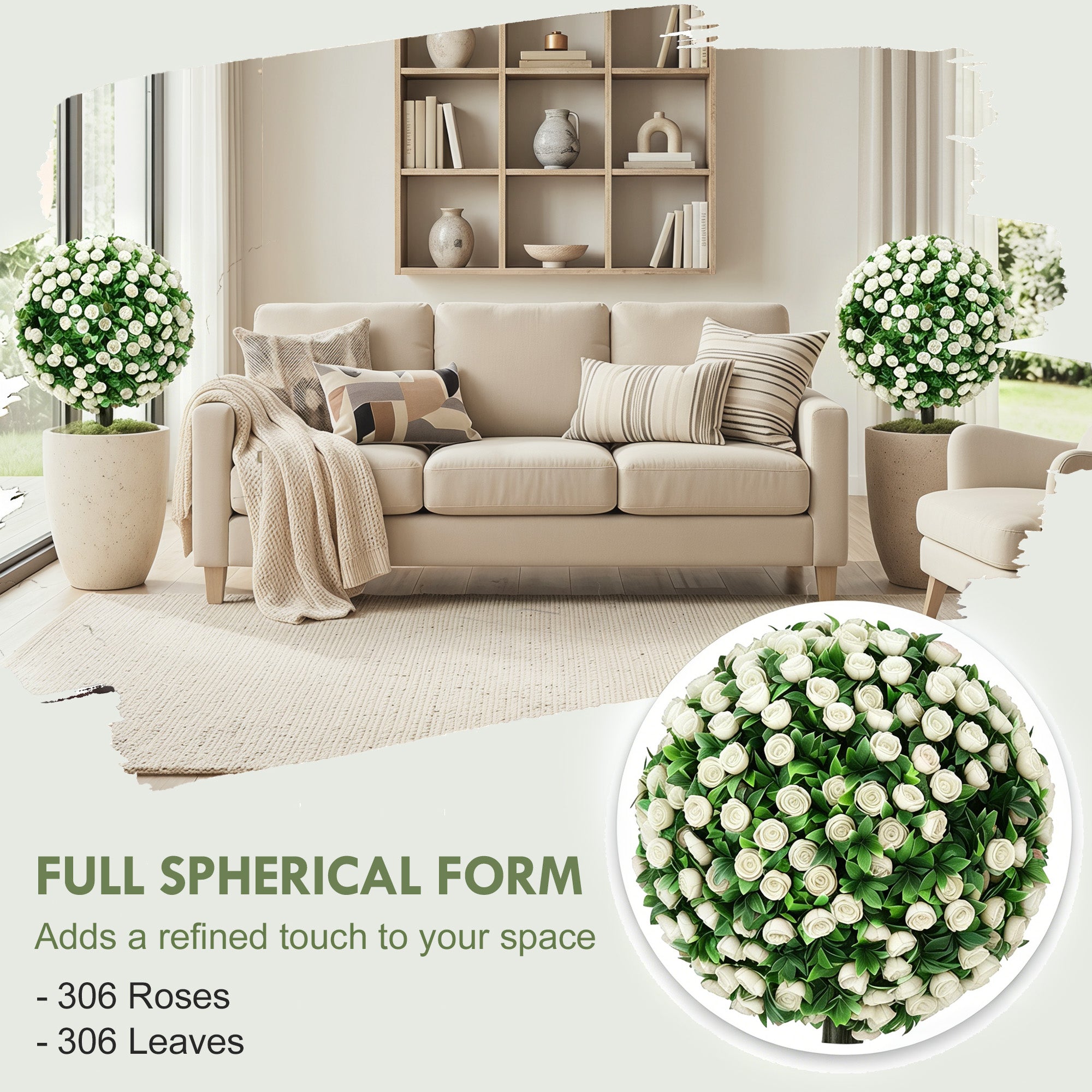 Artificial Rose Topiary Balls 2-Pack, 55 cm (21.7 in) UV-Resistant Artificial Plants with 306 White Roses and Ground Spike for Living Room, Bedroom, Office, Garden