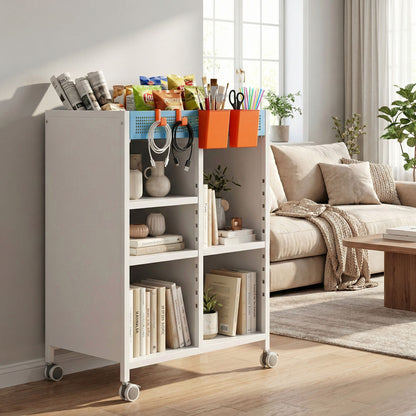 4-Tier Rolling Bookshelf Cart with Adjustable Shelves, Hanging Baskets & Hooks — White