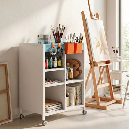 4-Tier Rolling Bookshelf Cart with Adjustable Shelves, Hanging Baskets & Hooks — White