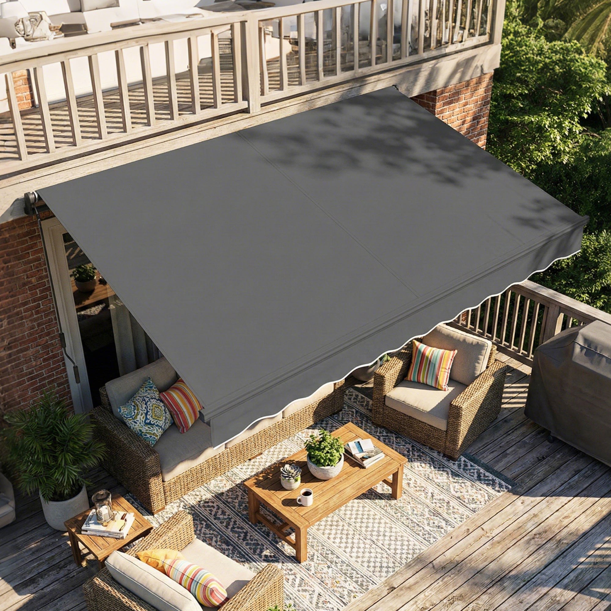 Manual Retractable Awning 11.5' x 9.8' — Adjustable Tilt, Crank-Operated, Aluminum Frame, 280 g/m² Polyester, UPF50+, Water-Resistant, Dark Gray
