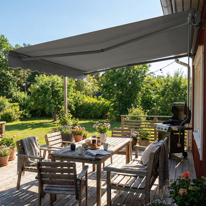 Manual Retractable Awning 11.5' x 9.8' — Adjustable Tilt, Crank-Operated, Aluminum Frame, 280 g/m² Polyester, UPF50+, Water-Resistant, Dark Gray