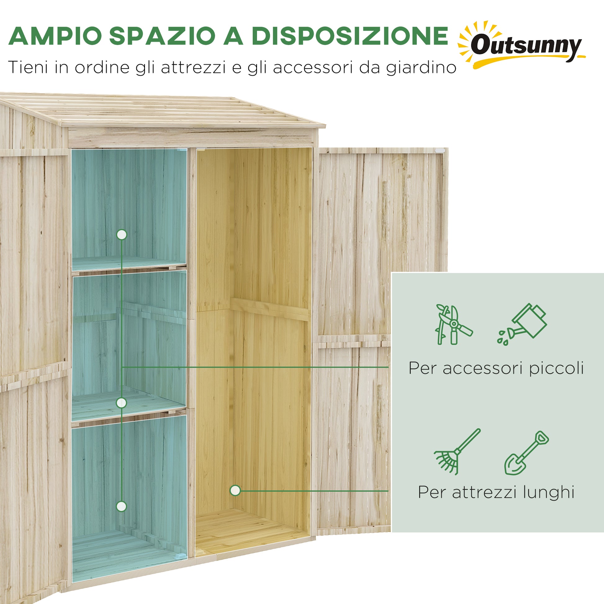 Spruce Wood Garden Shed with 2 Doors, Tool Storage Shed with Shelves and Sloping Roof, 120x57x183cm, Natural