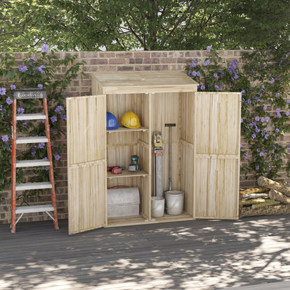 Spruce Wood Garden Shed with 2 Doors, Tool Storage Shed with Shelves and Sloping Roof, 120x57x183cm, Natural