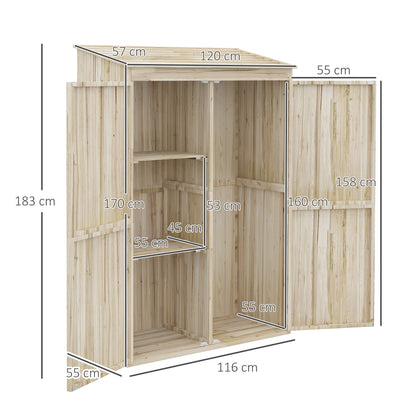 Spruce Wood Garden Shed with 2 Doors, Tool Storage Shed with Shelves and Sloping Roof, 120x57x183cm, Natural