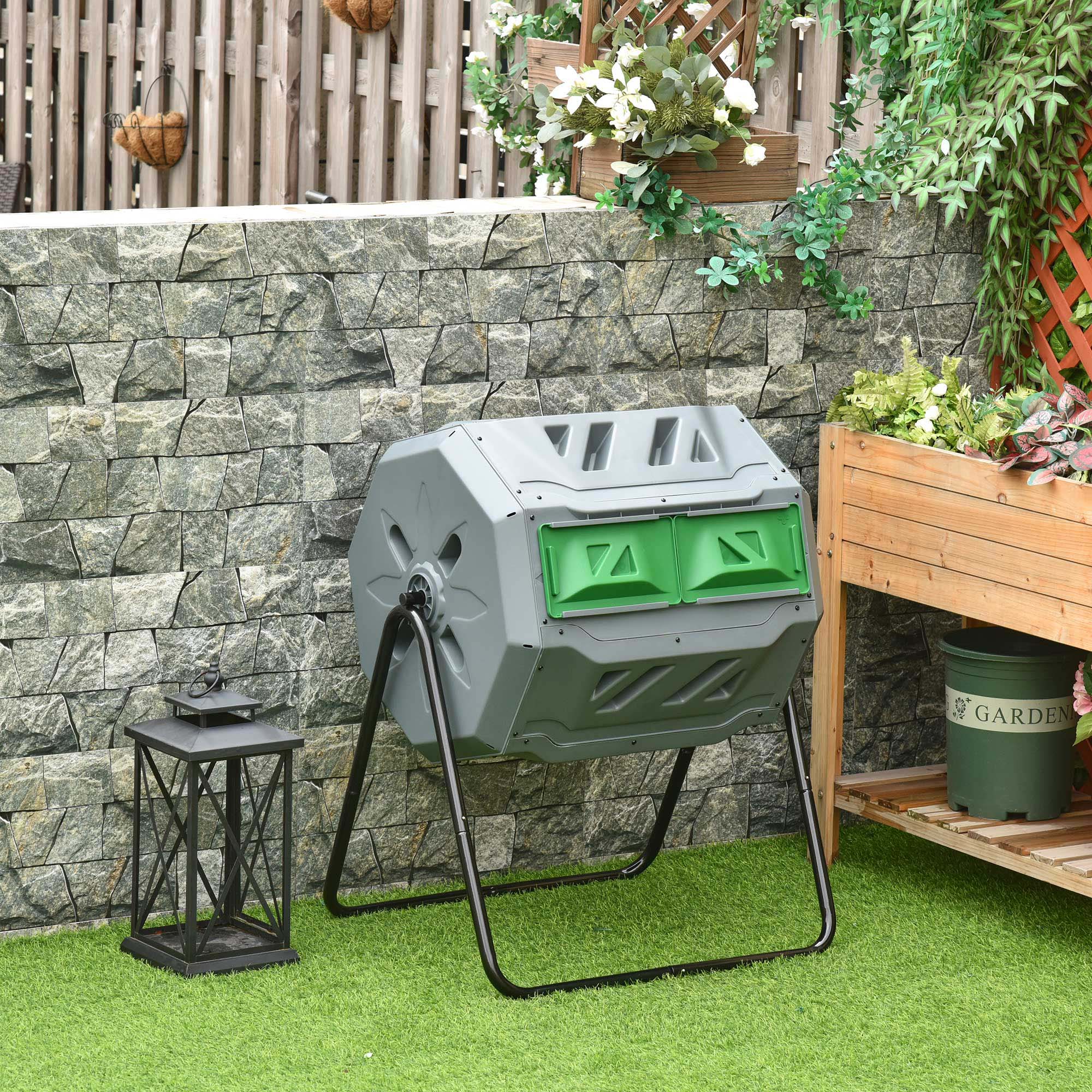 Composter 160L, 71cm x 65cm x 96cm Rotating Quick Composter made of Plastic, Thermocomposter with 2 Chambers, for Bio and Garden Waste, Gray