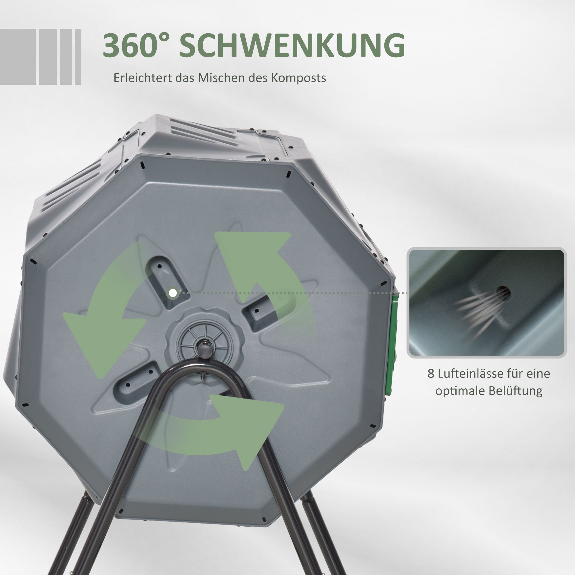 Composter 160L, 71cm x 65cm x 96cm Rotating Quick Composter made of Plastic, Thermocomposter with 2 Chambers, for Bio and Garden Waste, Gray