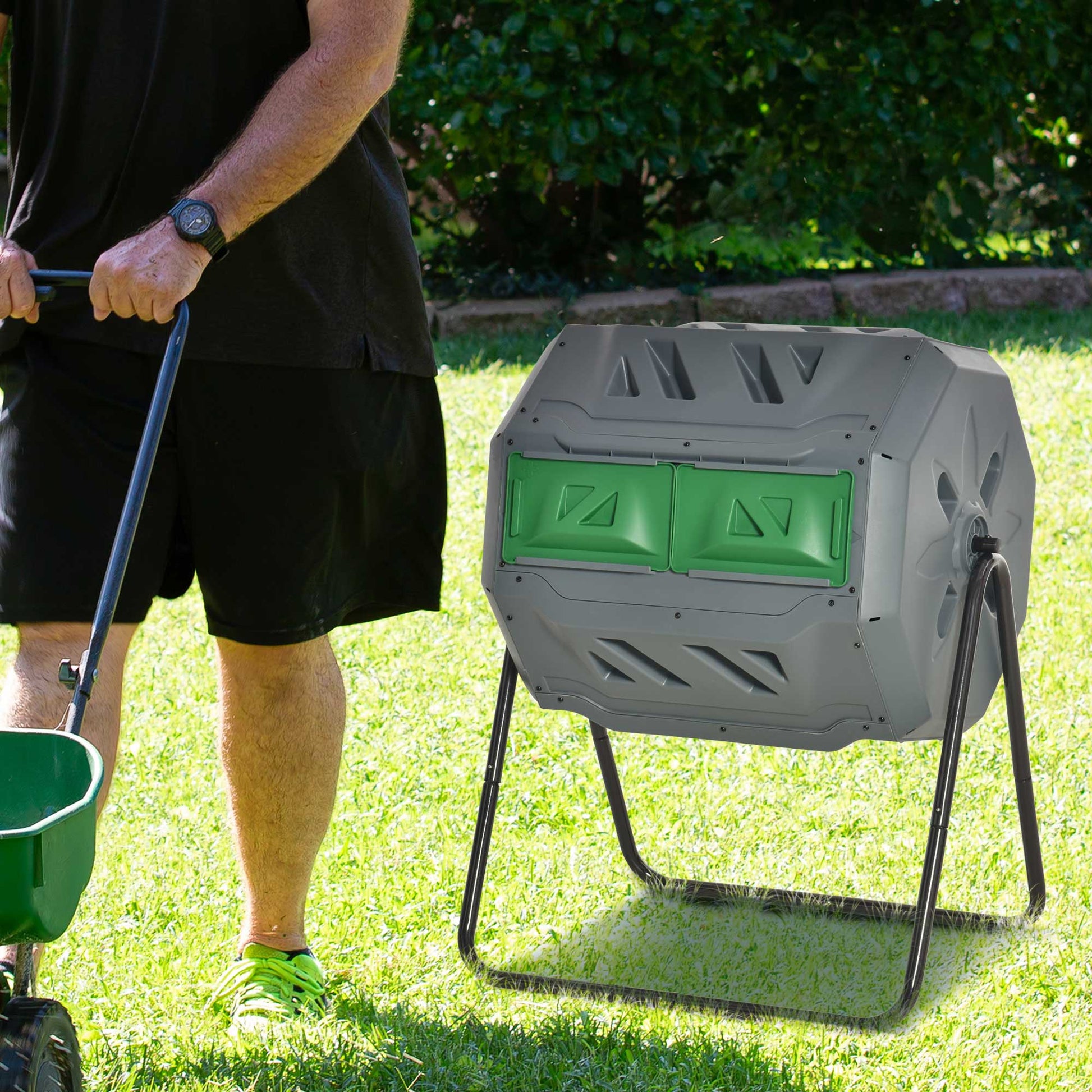 Composter 160L, 71cm x 65cm x 96cm Rotating Quick Composter made of Plastic, Thermocomposter with 2 Chambers, for Bio and Garden Waste, Gray